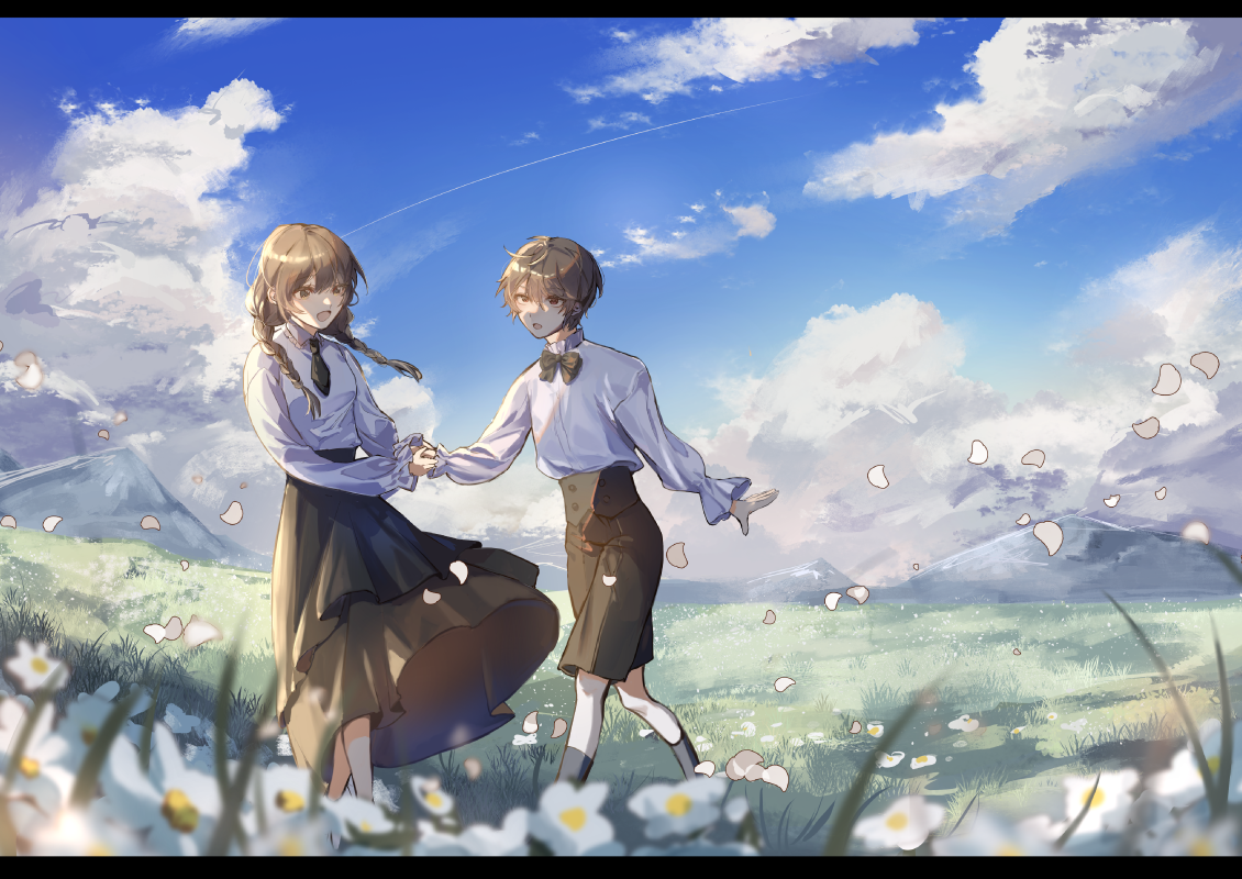 題名「夢」<br>
背景をメインとしたイラストです。風で花びらが散っていたり飛行機雲を足すことで、静止画ではなく、映画やアニメの場面を切り取ったような「動」を感じられるような画面作りを意識しています。また、空気遠近法を意識して遠くにあるものはしっかりと遠くに感じられるような色遣いに気を付けました。